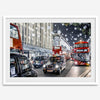 Fine art photography print of a bustling London street during Christmas, featuring double-decker buses, black taxis, and festive holiday lights.