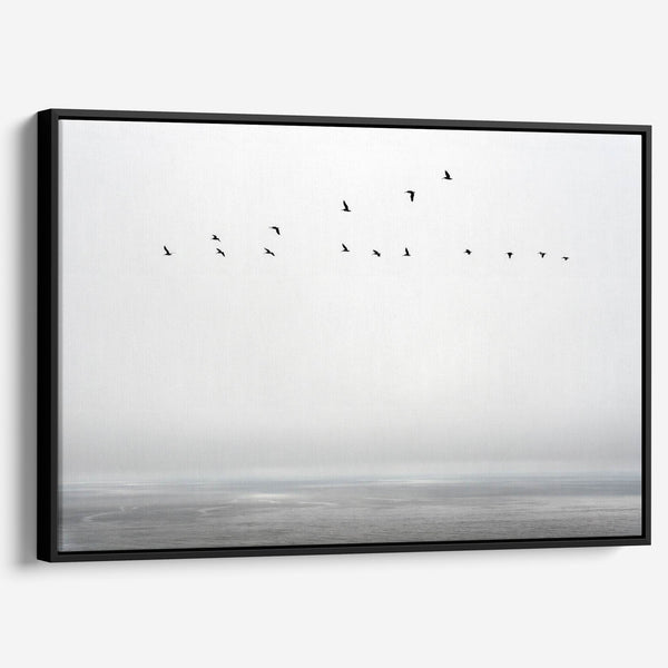 Ocean canvas print featuring flying sea birds and peaceful coastal scenery from Pacifica, California.