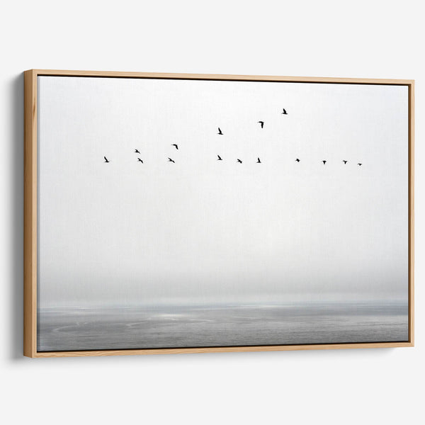 Ocean canvas print featuring flying sea birds and peaceful coastal scenery from Pacifica, California.