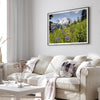 A framed or unframed fine art landscape photography print of Mount Rainier. This Washington wall art showcases a vast bed of flowers in the foreground with the backdrop of the snow-covered Mount Rainier. Perfect as a Mt Rainier National Park poster
