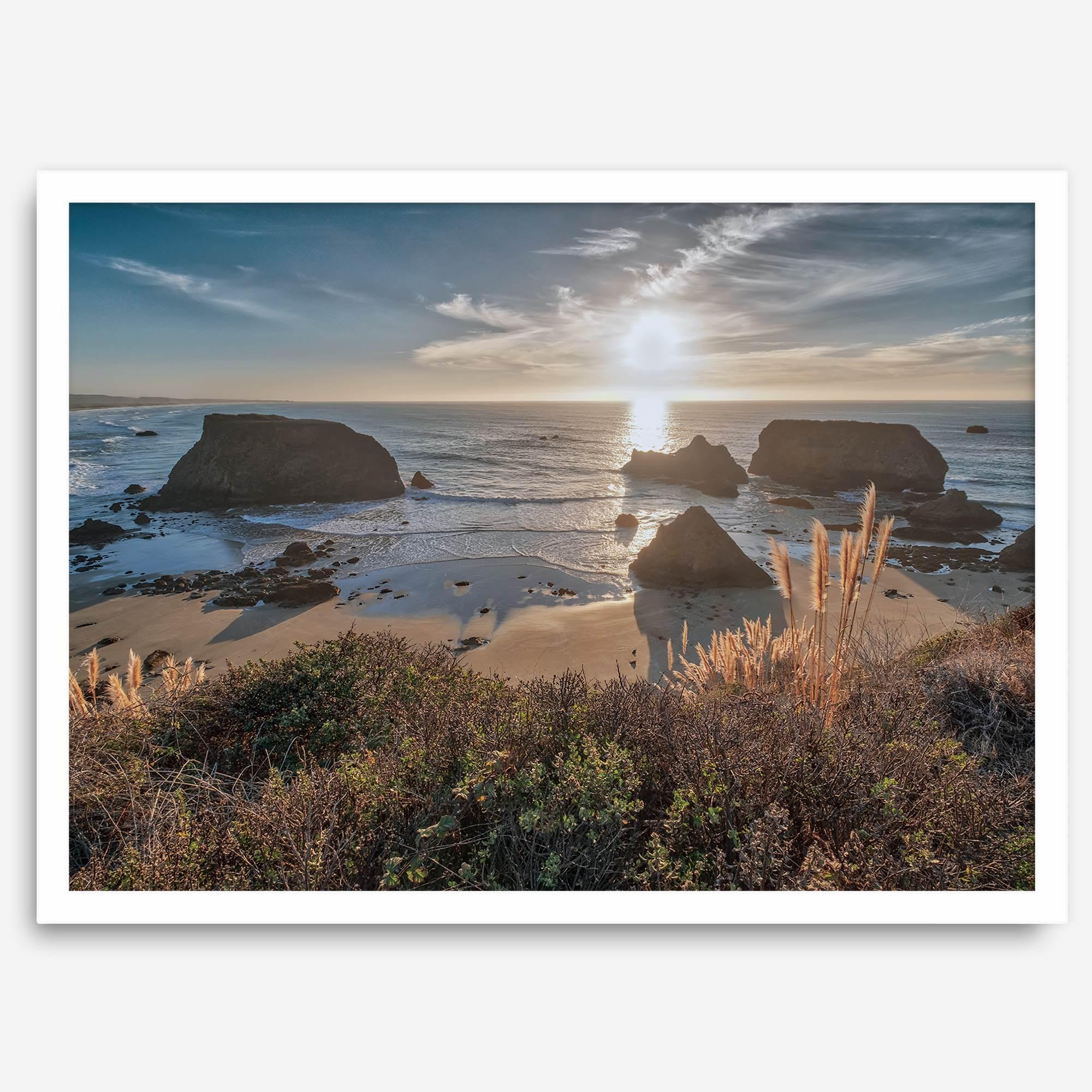 Sunset over rocky California coastline with golden grasses and ocean waves – fine art landscape photography print