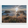 Sunset over rocky California coastline with golden grasses and ocean waves – fine art landscape photography print