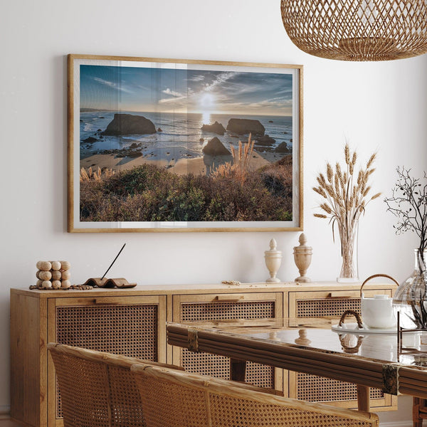 Sunset over rocky California coastline with golden grasses and ocean waves – fine art landscape photography print