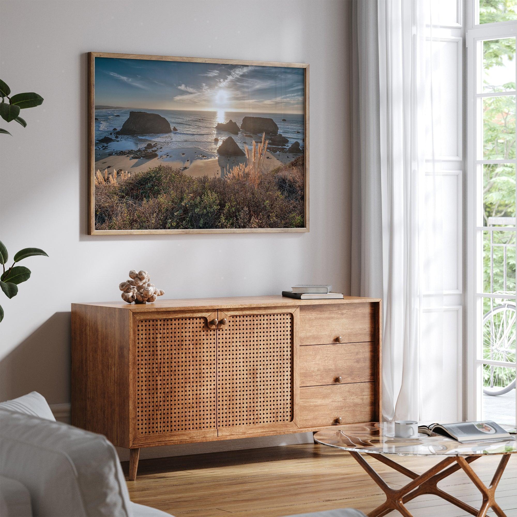 Sunset over rocky California coastline with golden grasses and ocean waves – fine art landscape photography print