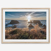 Sunset over rocky California coastline with golden grasses and ocean waves – fine art landscape photography print