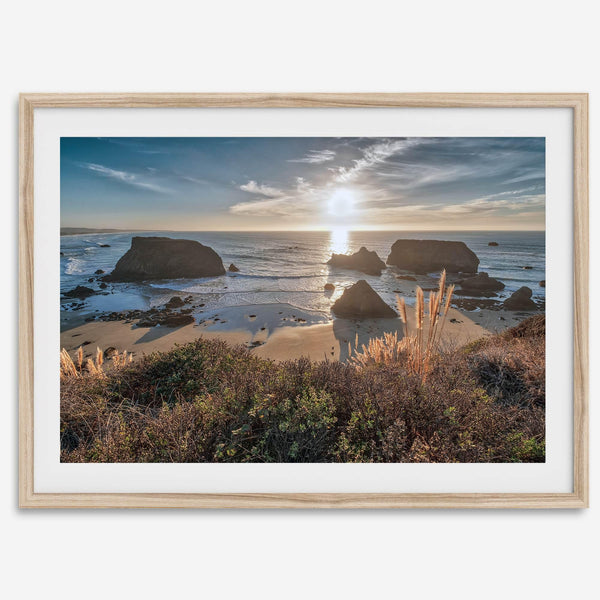 Sunset over rocky California coastline with golden grasses and ocean waves – fine art landscape photography print