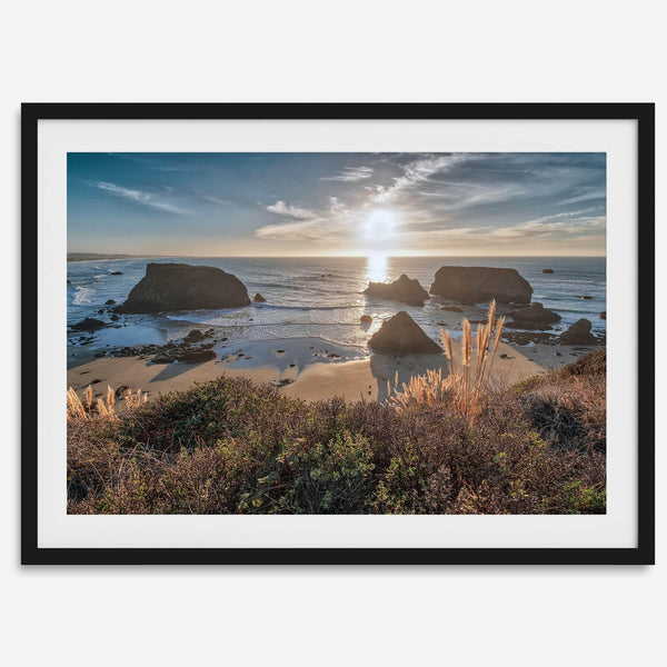 Sunset over rocky California coastline with golden grasses and ocean waves – fine art landscape photography print