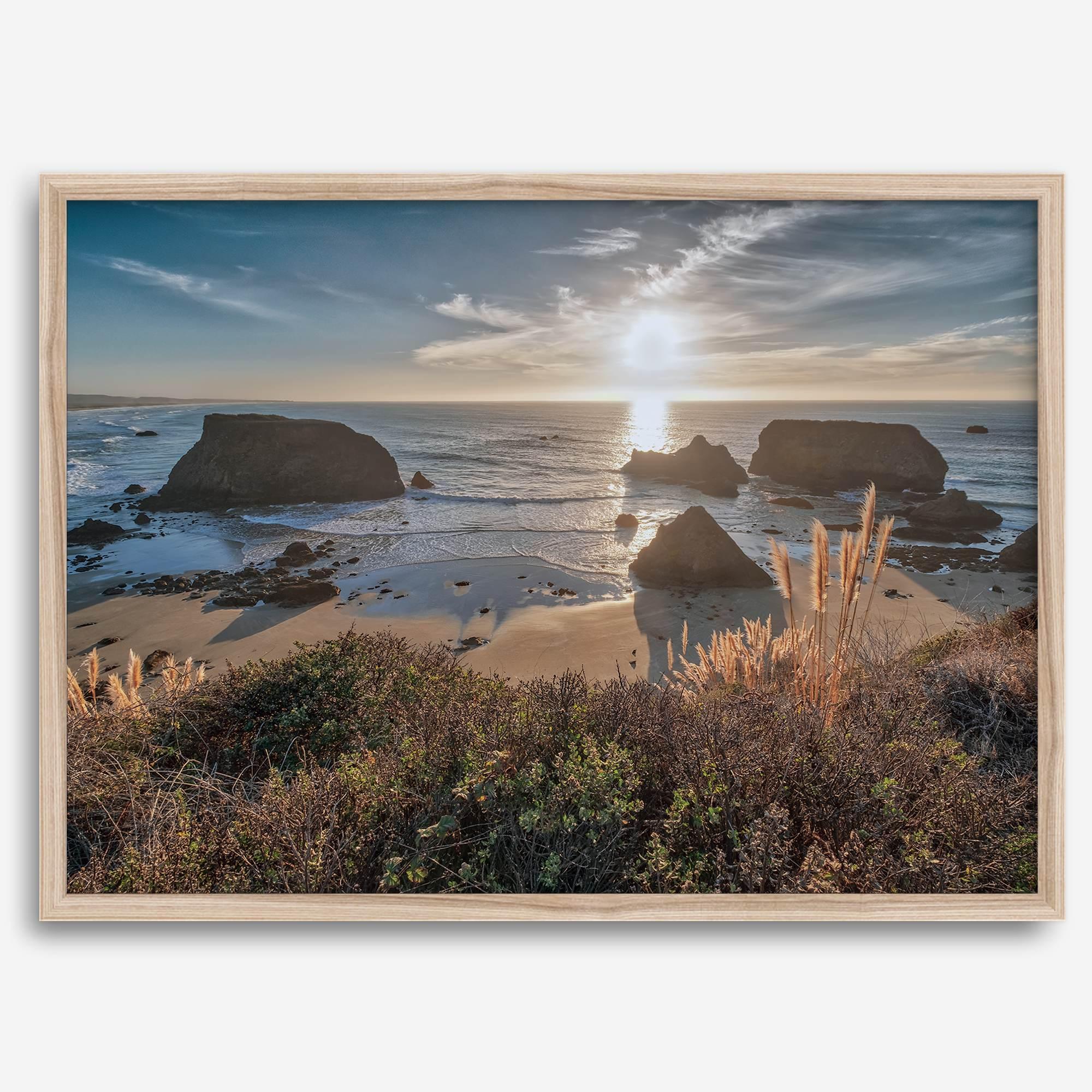 Sunset over rocky California coastline with golden grasses and ocean waves – fine art landscape photography print