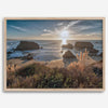 Sunset over rocky California coastline with golden grasses and ocean waves – fine art landscape photography print