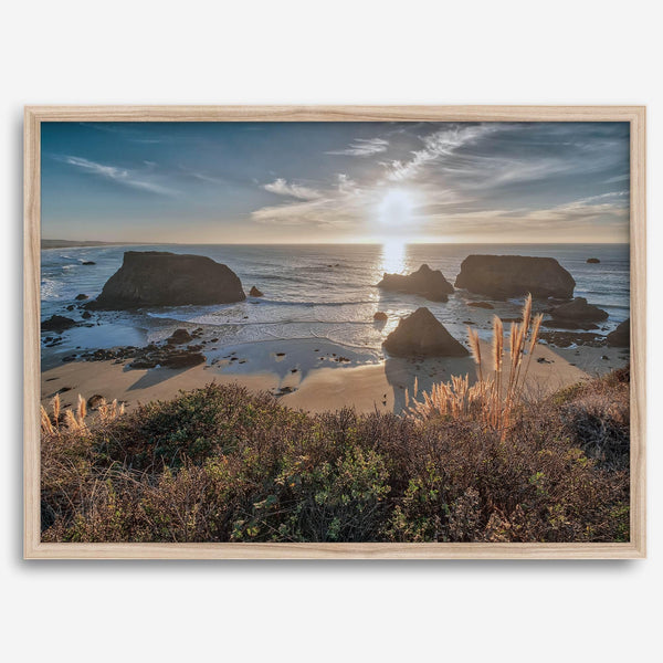 Sunset over rocky California coastline with golden grasses and ocean waves – fine art landscape photography print