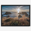 Sunset over rocky California coastline with golden grasses and ocean waves – fine art landscape photography print