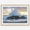 A dramatic fine art beach print showing a huge ocean wave crashing on a beautiful beach in California during sunset