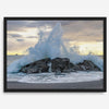 A dramatic fine art beach print showing a huge ocean wave crashing on a beautiful beach in California during sunset