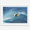 Surfer flying above a turquoise wave in Santa Cruz captured in vibrant ocean photography.