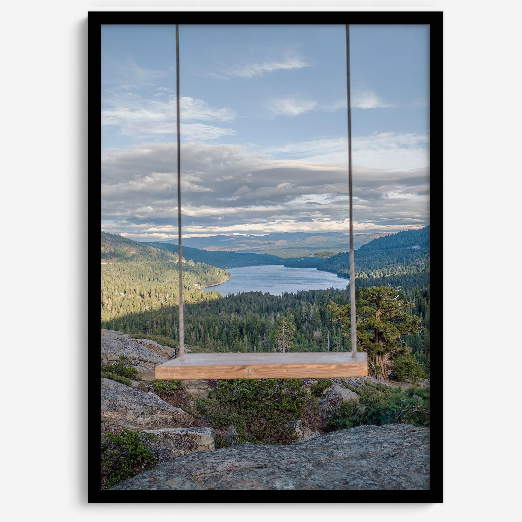 A fine art-inspiring photo print showcasing a swing on a tree with the backdrop of Donner Lake and the Pacific Northwest mountains.