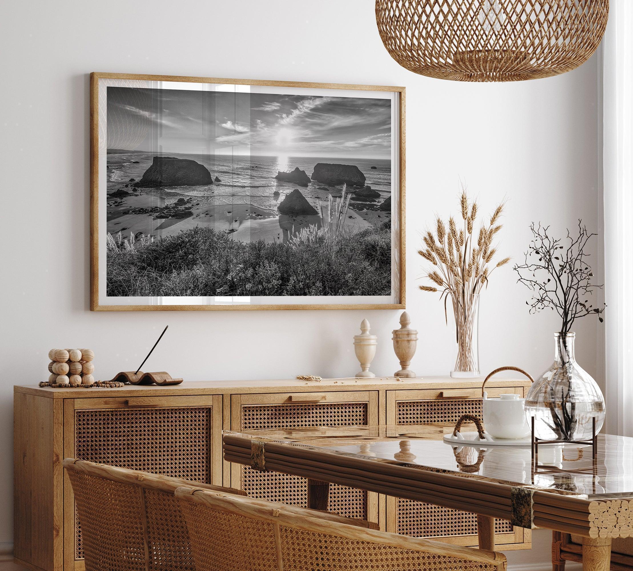 Black and white beach sunset photography wall art from Fort Bragg, California, featuring a dramatic Pacific Northwest coastline seascape.