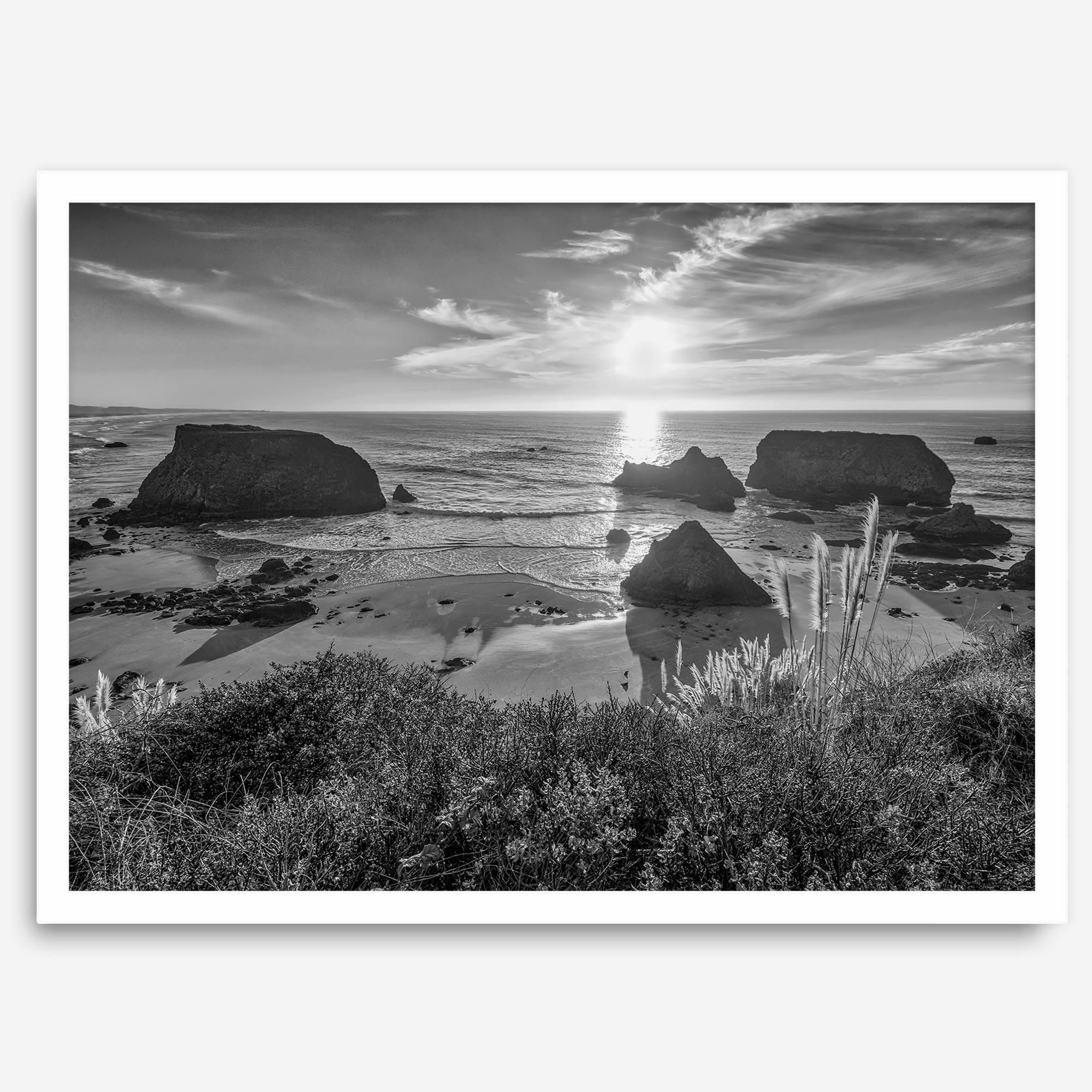 Black and white beach sunset photography wall art from Fort Bragg, California, featuring a dramatic Pacific Northwest coastline seascape.
