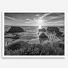 Black and white beach sunset photography wall art from Fort Bragg, California, featuring a dramatic Pacific Northwest coastline seascape.