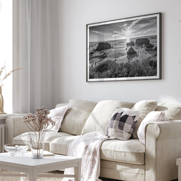 Black and white beach sunset photography wall art from Fort Bragg, California, featuring a dramatic Pacific Northwest coastline seascape.