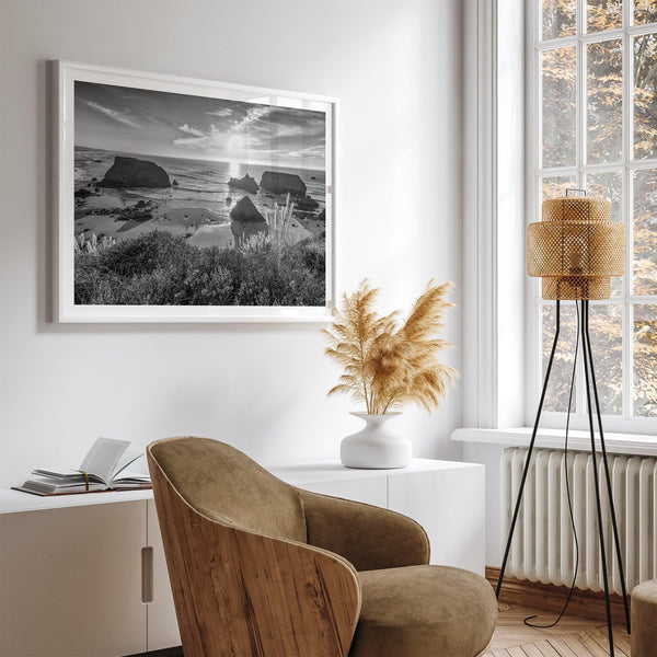 Black and white beach sunset photography wall art from Fort Bragg, California, featuring a dramatic Pacific Northwest coastline seascape.