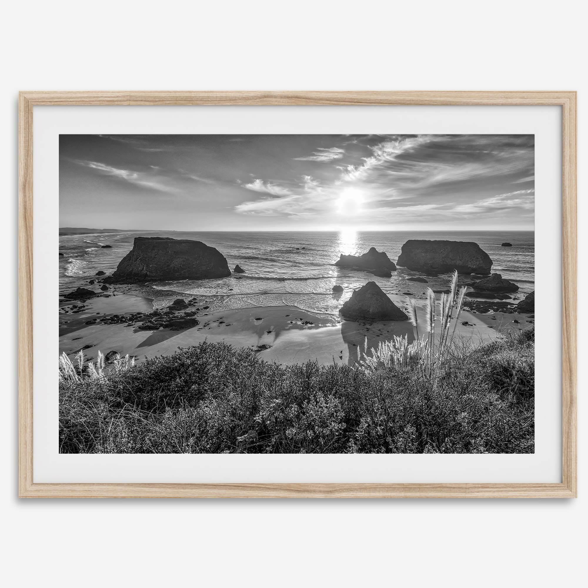 Black and white beach sunset photography wall art from Fort Bragg, California, featuring a dramatic Pacific Northwest coastline seascape.