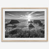 Black and white beach sunset photography wall art from Fort Bragg, California, featuring a dramatic Pacific Northwest coastline seascape.