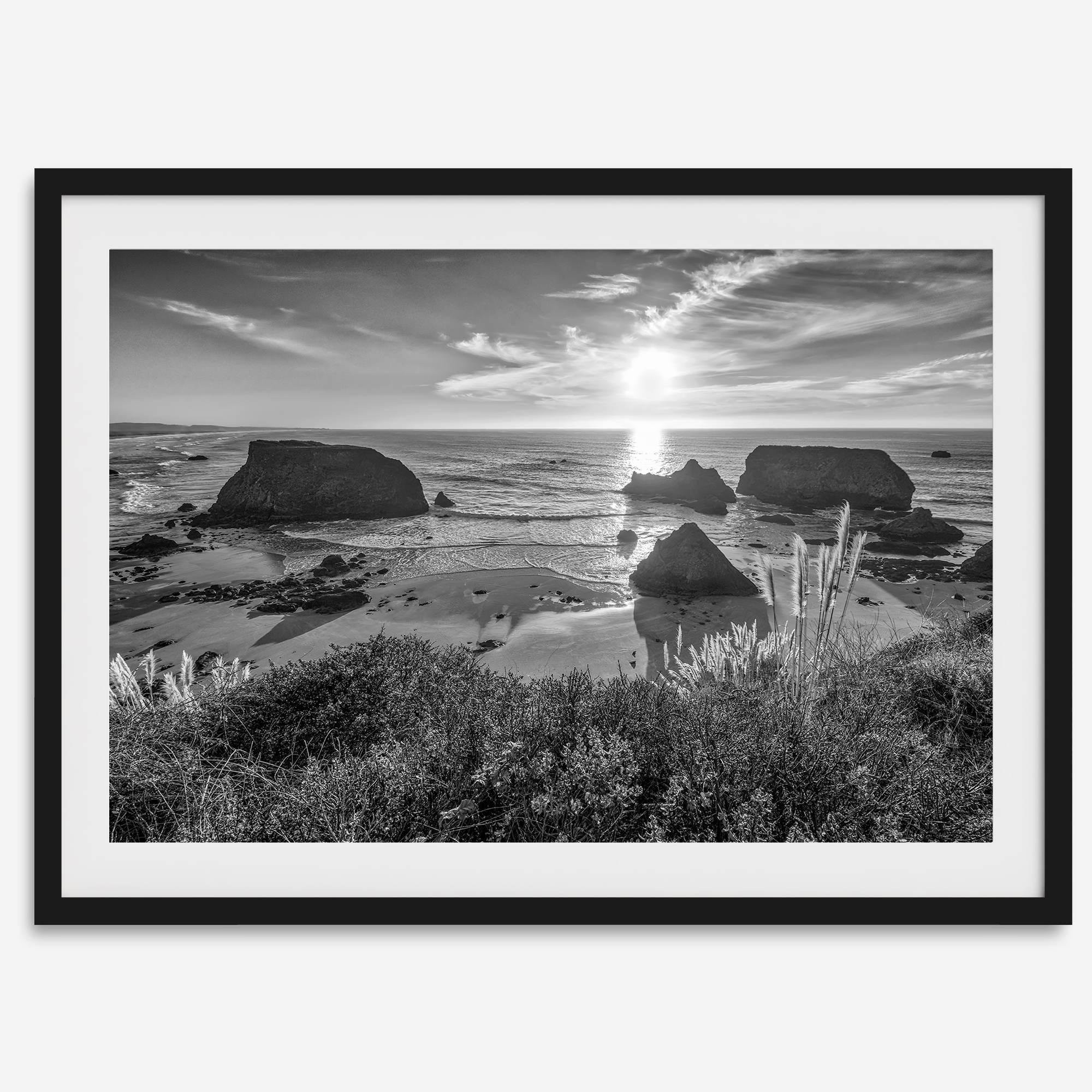 Black and white beach sunset photography wall art from Fort Bragg, California, featuring a dramatic Pacific Northwest coastline seascape.