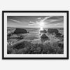 Black and white beach sunset photography wall art from Fort Bragg, California, featuring a dramatic Pacific Northwest coastline seascape.