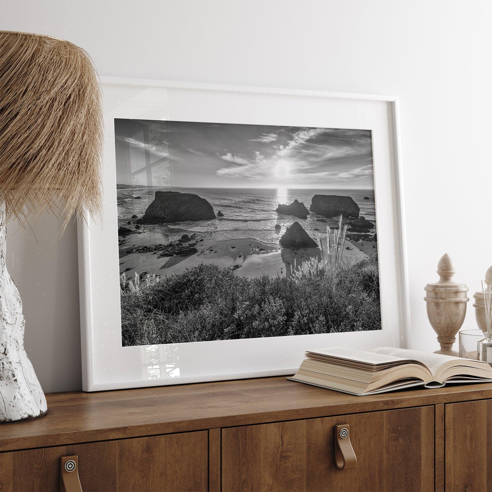 Black and white beach sunset photography wall art from Fort Bragg, California, featuring a dramatic Pacific Northwest coastline seascape.