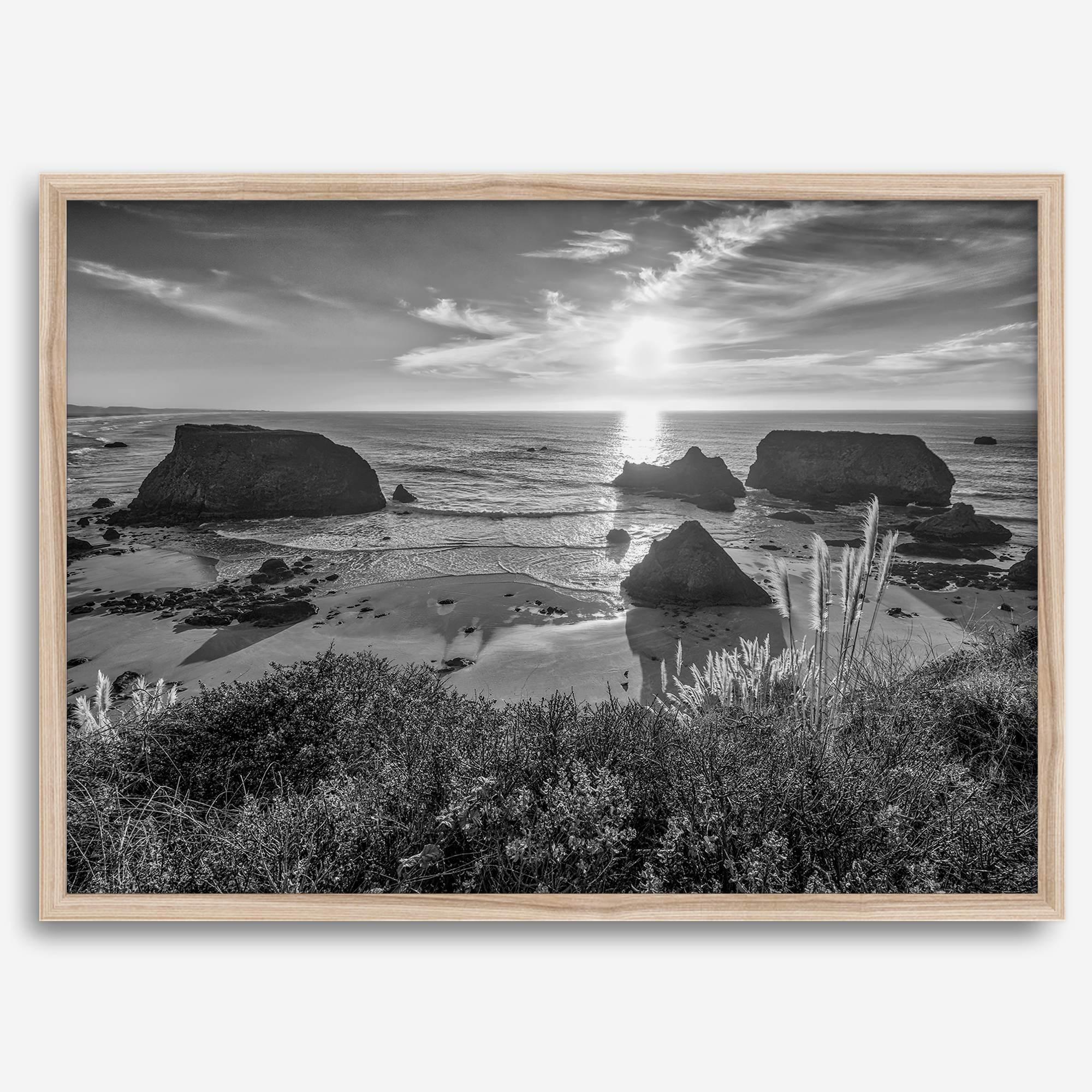 Black and white beach sunset photography wall art from Fort Bragg, California, featuring a dramatic Pacific Northwest coastline seascape.