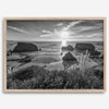 Black and white beach sunset photography wall art from Fort Bragg, California, featuring a dramatic Pacific Northwest coastline seascape.