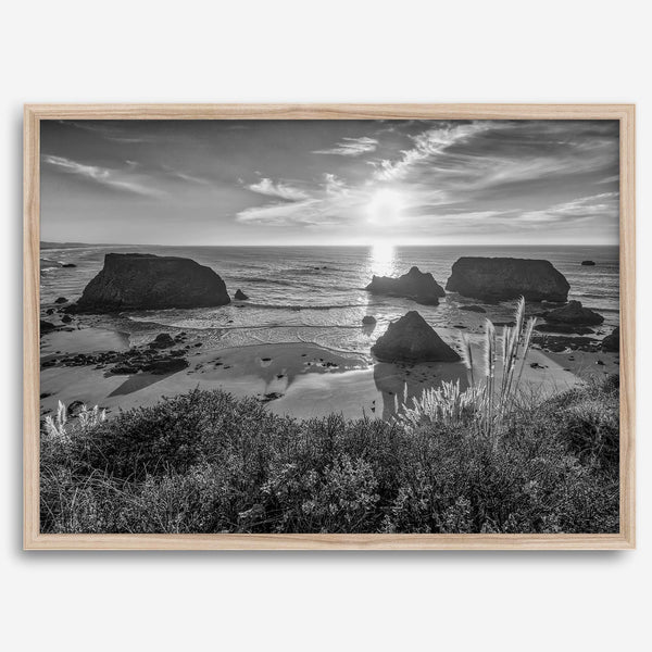 Black and white beach sunset photography wall art from Fort Bragg, California, featuring a dramatic Pacific Northwest coastline seascape.
