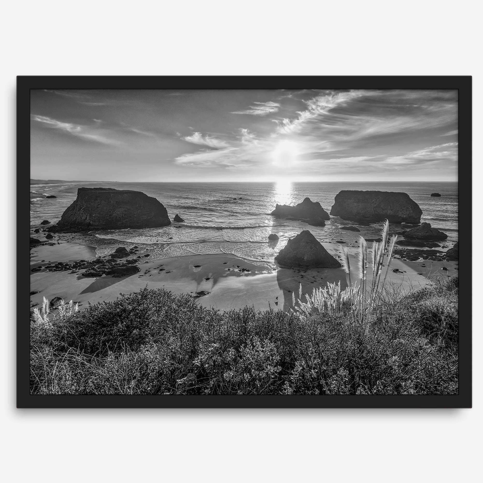 Black and white beach sunset photography wall art from Fort Bragg, California, featuring a dramatic Pacific Northwest coastline seascape.
