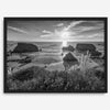 Black and white beach sunset photography wall art from Fort Bragg, California, featuring a dramatic Pacific Northwest coastline seascape.