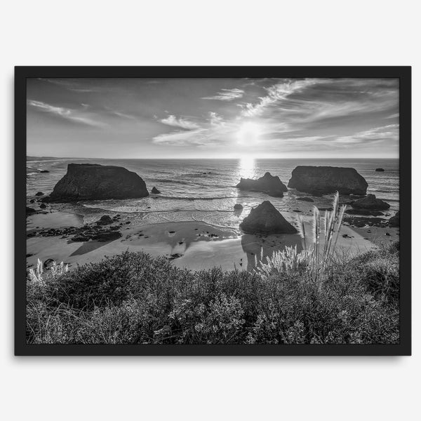 Black and white beach sunset photography wall art from Fort Bragg, California, featuring a dramatic Pacific Northwest coastline seascape.