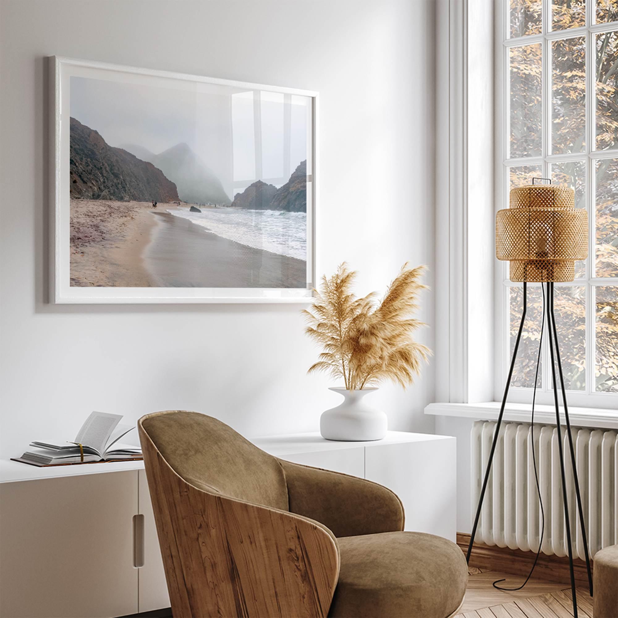 Framed Pfeiffer Beach wall art with foggy Big Sur cliffs and coastal shoreline
