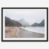 Framed Pfeiffer Beach wall art with foggy Big Sur cliffs and coastal shoreline