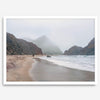Framed Pfeiffer Beach wall art with foggy Big Sur cliffs and coastal shoreline