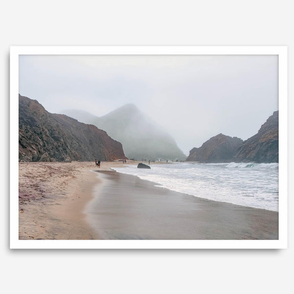 Framed Pfeiffer Beach wall art with foggy Big Sur cliffs and coastal shoreline
