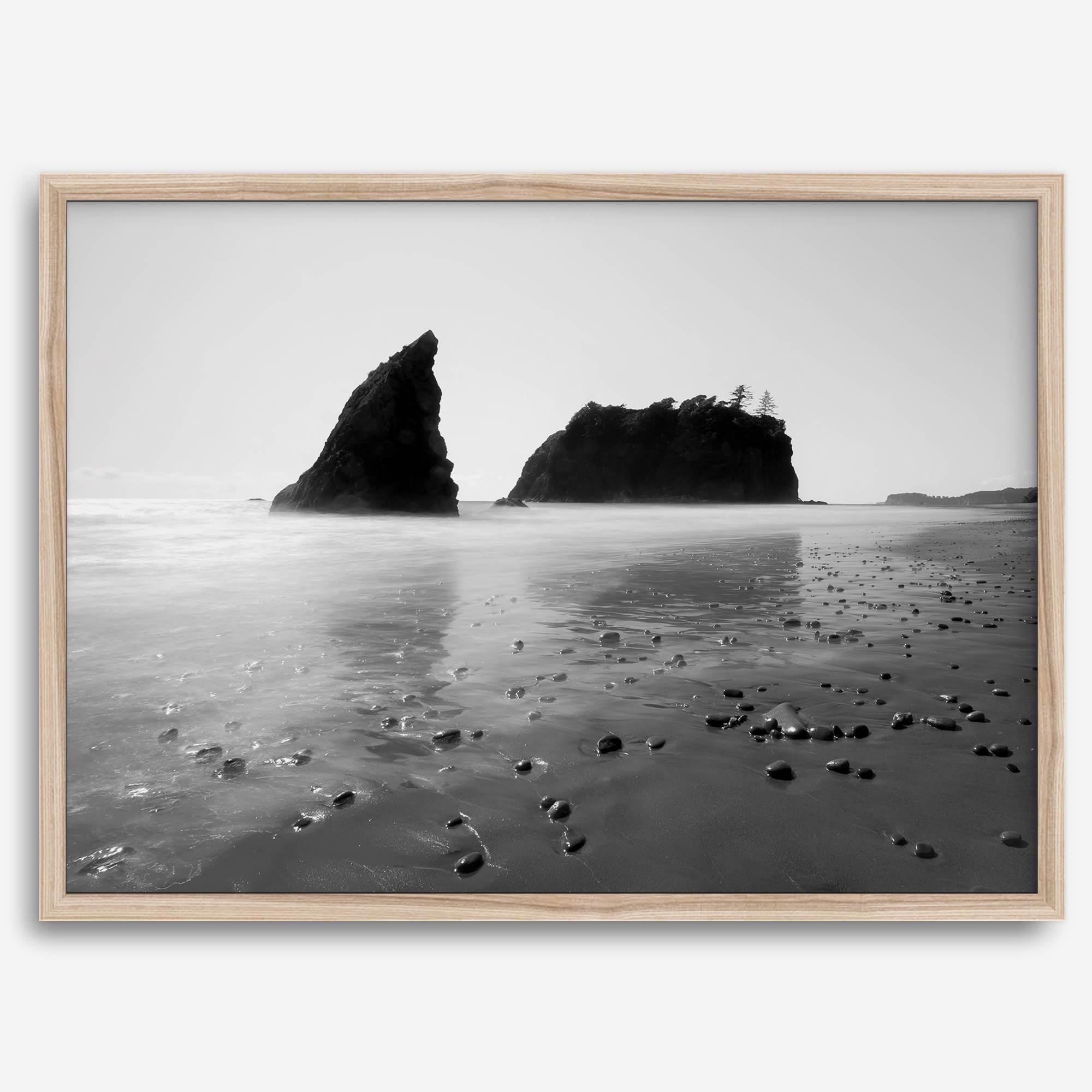 Black and white Washington beach wall art featuring Ruby Beach with misty waves and sea stacks.
