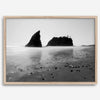 Black and white Washington beach wall art featuring Ruby Beach with misty waves and sea stacks.