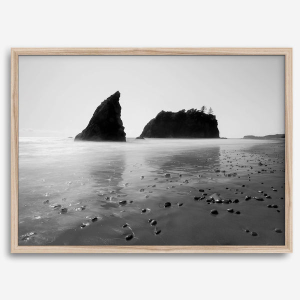 Black and white Washington beach wall art featuring Ruby Beach with misty waves and sea stacks.