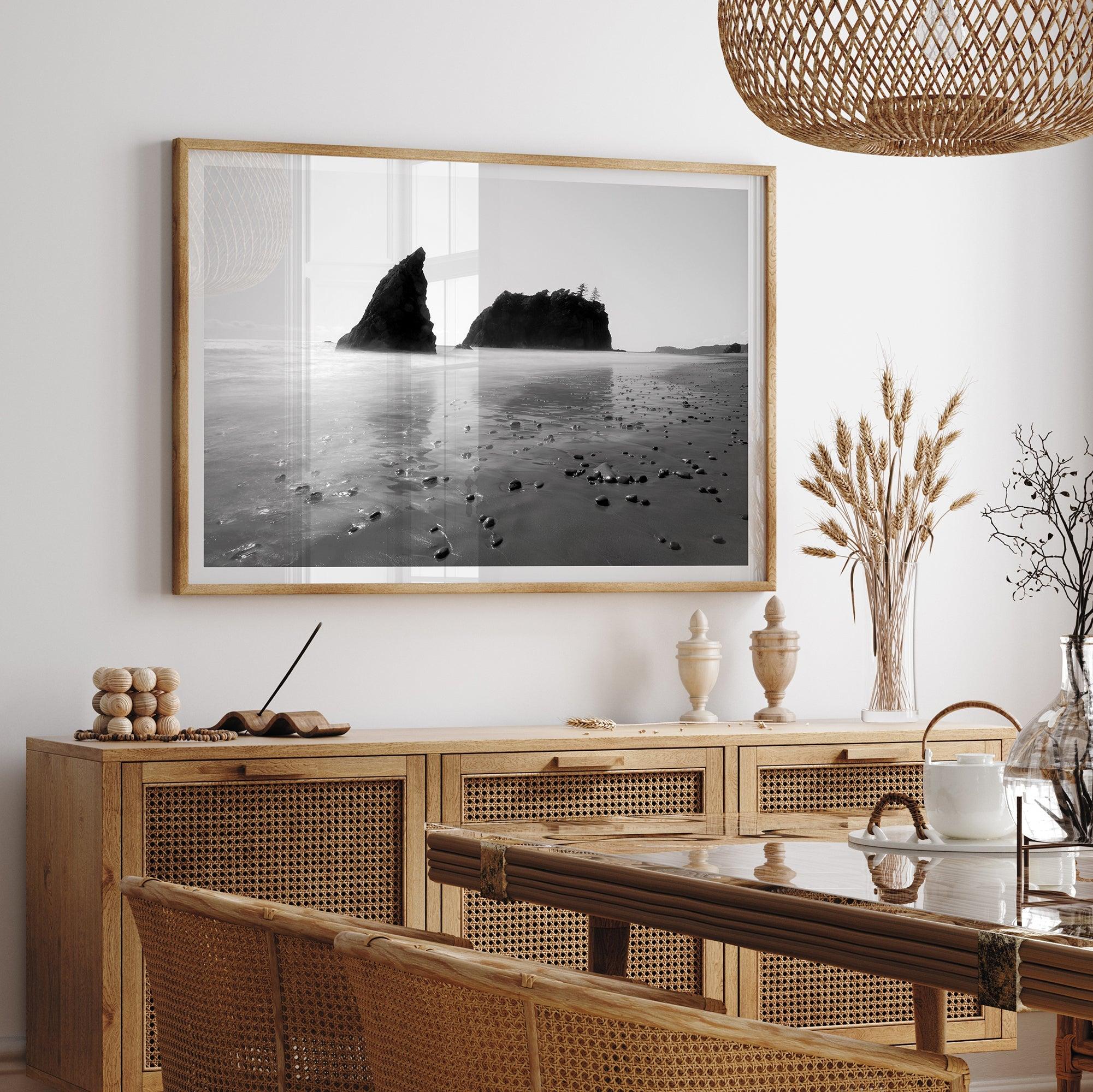 Black and white Washington beach wall art featuring Ruby Beach with misty waves and sea stacks.