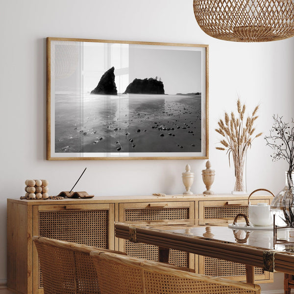 Black and white Washington beach wall art featuring Ruby Beach with misty waves and sea stacks.