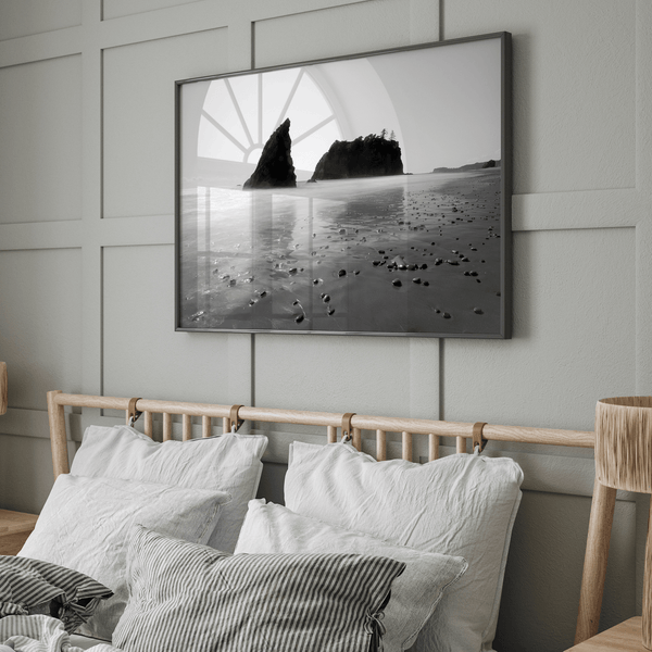 Black and white Washington beach wall art featuring Ruby Beach with misty waves and sea stacks.