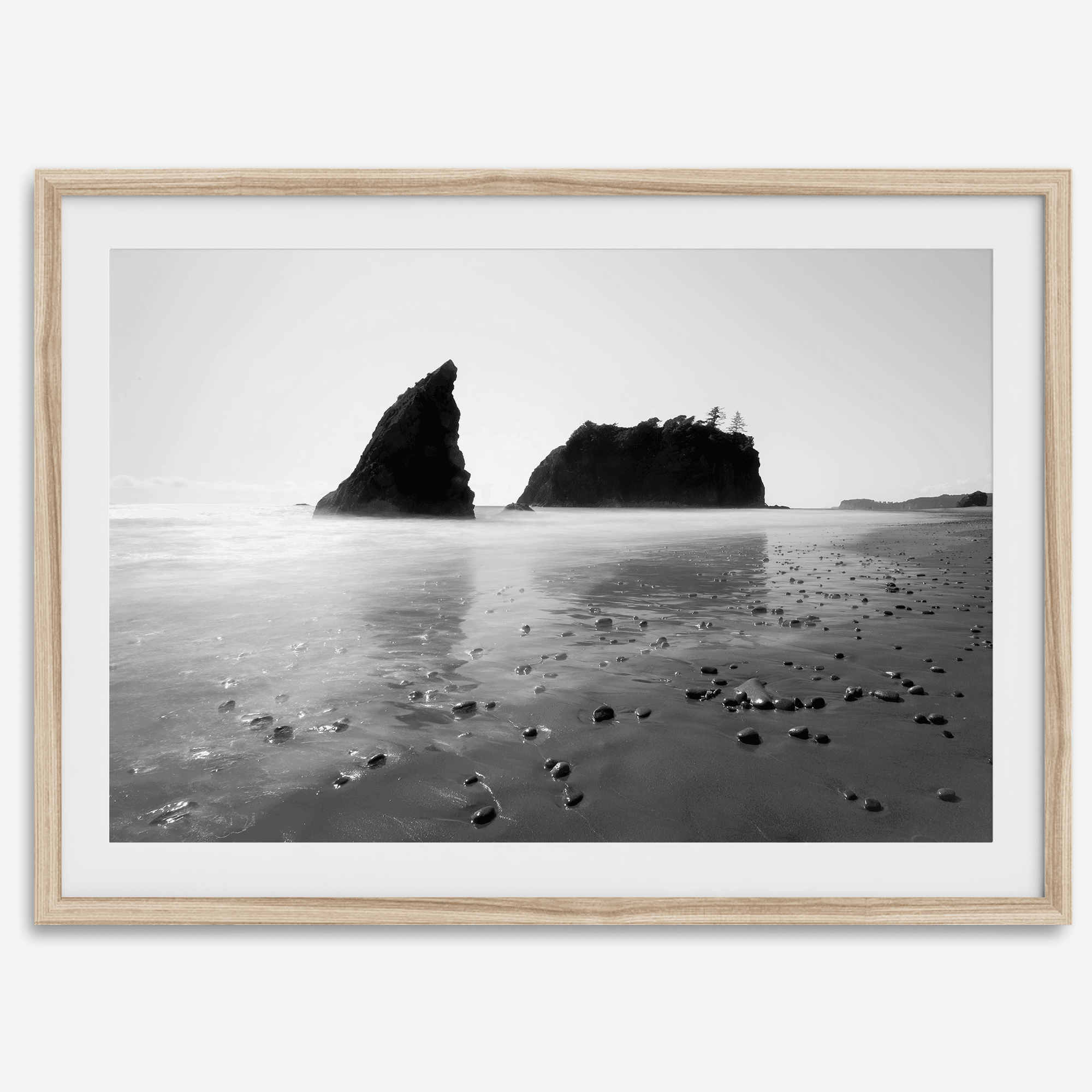 Black and white Washington beach wall art featuring Ruby Beach with misty waves and sea stacks.