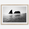 Black and white Washington beach wall art featuring Ruby Beach with misty waves and sea stacks.