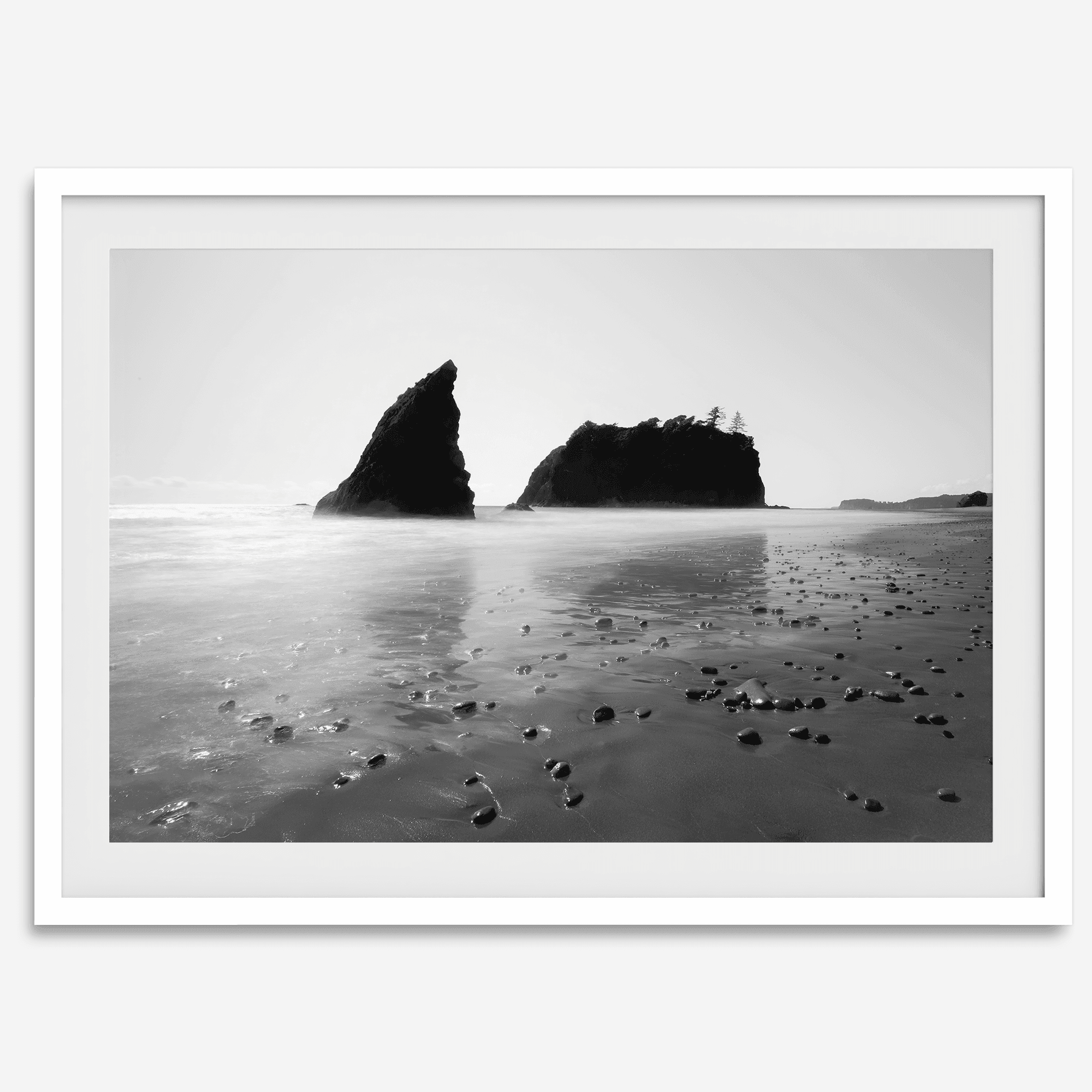 Black and white Washington beach wall art featuring Ruby Beach with misty waves and sea stacks.