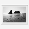 Black and white Washington beach wall art featuring Ruby Beach with misty waves and sea stacks.