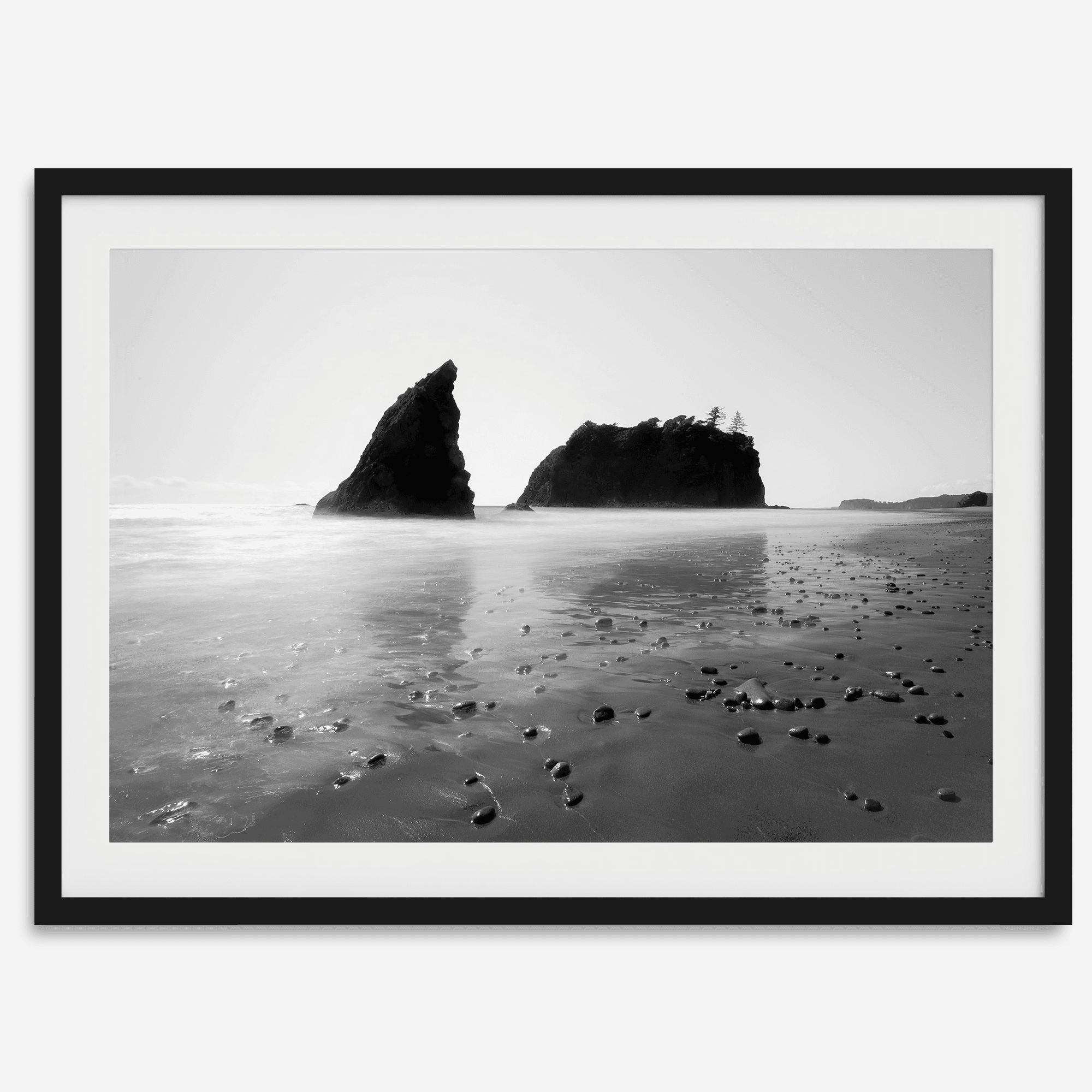 Black and white Washington beach wall art featuring Ruby Beach with misty waves and sea stacks.